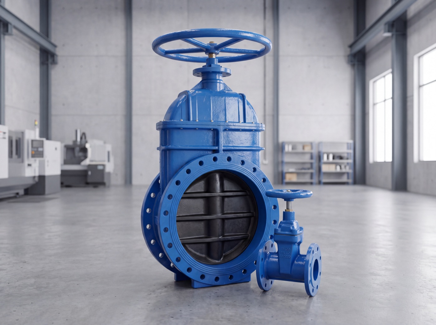 Blue resilient-seated gate valve in an industrial hall